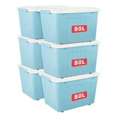 Afbeelding van Cetomo 80L x 6 opbergdozen met wielen, plastic opbergdoos deksel, vergrendelingsgespen, kliksluiting, stapelbaar, nesten, duurzame organizer voor thuiskantoorkleding, blauw, stuks