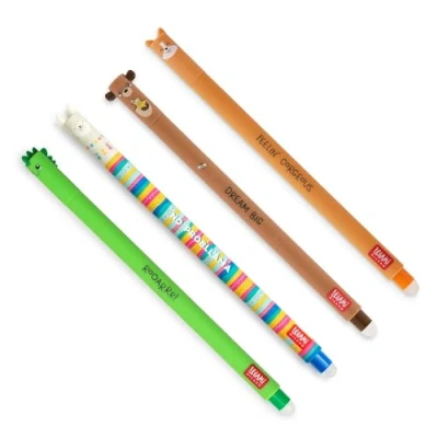 Afbeelding van Legami Set van 4 uitwisbare gelstiften, thema dino, teddy beer, corgi, lama, bal aan het einde voor verwijderen de inkt zwart, blauw, groen, rood, warmtegevoelig, diameter punt 0,7