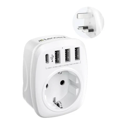 Afbeelding van LENCENT Reisadapter Universele Stekker, EU voor UK Type G Internationale Reisstekkeradapter, 5 in 1 Reisstekker Stroomadapter met 3 USB, C en AC Stekkeradapter uit England Singapore