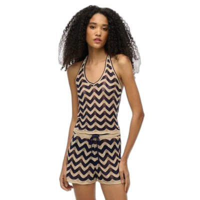 Afbeelding van Superdry ZIG ZAG Plunge Halter Top, Dames, Maat: 38, Navy gold zigzag