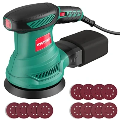 Afbeelding van HYCHIKA excentrische schuurmachine, 300 W, 6 versnellingen, met 12 stuks schuurpapier (korrel 80/120/240, 8 gaten, 125 mm), slijper afzuiging, stofopvangbak