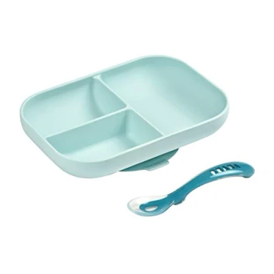 Afbeelding van BÉABA, siliconen eetset baby, met zuignap, anti slip, bord vakverdeling + lepel, gezond en duurzaam, geschikt voor vaatwasser, magnetron, makkelijk in onderhoud, Blauw