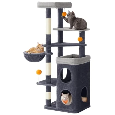 Afbeelding van Feandrea Kattenboom, 152 cm hoog, kattenboom met meerdere verdiepingen, 2 grote holen, 1 rustplaats, 3 krabpalen, platforms, kattenkrabpaal, donkergrijs PCT007G02