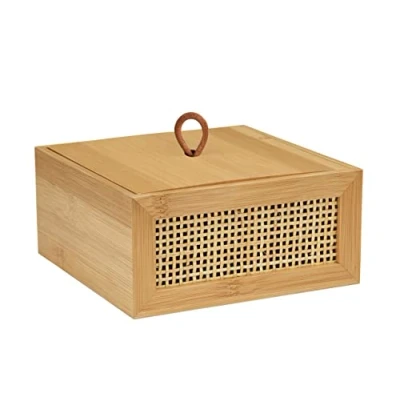 Afbeelding van WENKO Badbox Allegre M, decoratieve box met deksel in trendy boho stijl van hoogwaardig bamboe en rotan vlechtwerk, voor het opbergen badkameraccessoires of accessoires, 15 x 7 cm, natuur