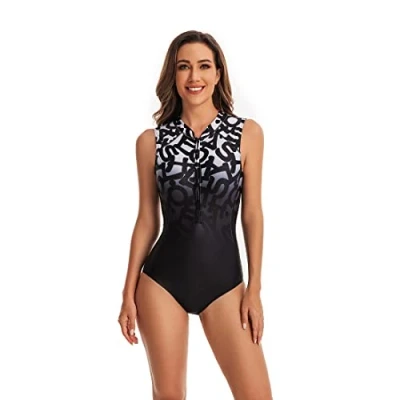 Afbeelding van Beachkini Eendelig Zwempak voor Vrouwen,Zwemkleding met lange mouwen en rits aan de voorkant,01 Letter,L