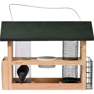 Afbeelding van dobar 11518FSC Grote voederzuil &quot;7 in 1&quot; vogelvoederstation hout vogelvoederdispenser om op te hangen multifunctioneel vogelhuis vogelvoederhuis voederplaats voor wilde vogels 39 x 19 29