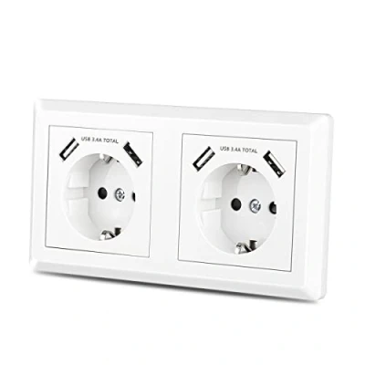 Afbeelding van Sasudose USB Stopcontact, 2 Stopcontacten met Schuko Wandcontactdoos Inbouw Dubbele Stopcontact voor Smartphone MP3, Wit