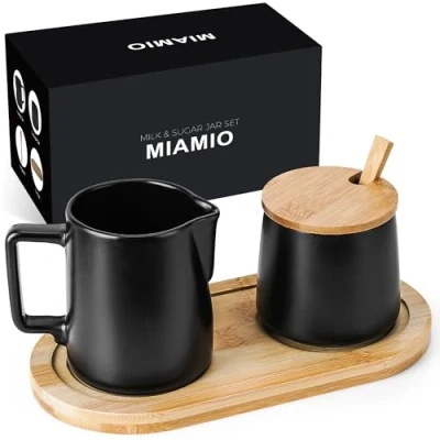 Afbeelding van MIAMIO Suiker en roomserveerset met deksel lepel/keramische koffiebar accessoires magnetron vaatwasmachinebestendig (zwart)