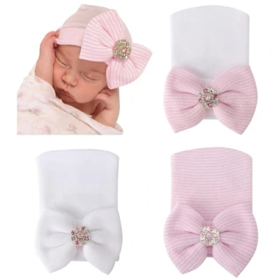 Afbeelding van DRESHOW 3 Pcs Pasgeboren Ziekenhuis Hoed Infant Baby Cap met Grote Boog Zachte Leuke Knop Nursery Beanie