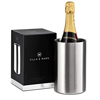 Afbeelding van Villa &amp; Marx Wine Chiller elegante champagneemmer met premium doos geïsoleerde wijnfles koeler zonder ijs dubbelwandige wijnkoelemmer, past en koelt alle flessen (roestvrij staal)