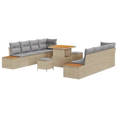 Afbeelding van vidaXL 11 delige tuinset met kussens in beige, poly rattan en acacia