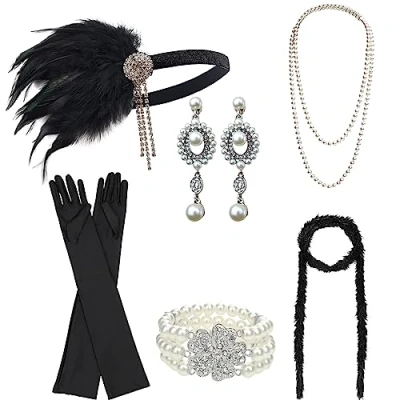 Afbeelding van DRESHOW 1920s Accessoires Hoofdband Ketting Handschoenen Flapper Kostuum Set voor Vrouwen
