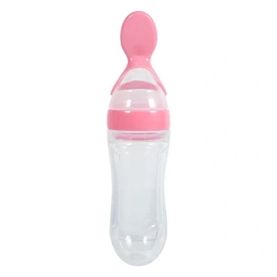Afbeelding van 1Pc 90mL Siliconen Baby Peuter Voedingsfles met Lepel Vers Voedsel Granen Squeeze Feeder Hot (Roze)