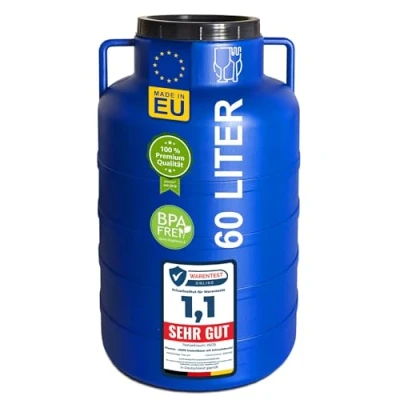 Afbeelding van Plasteo® 60 liter brede hals, blauw, rond, met deksel en handgrepen, geschikt voor levensmiddelen BPA vrij, kunststof vat, universeel dekselvat, watervat, regenton, opslagvat