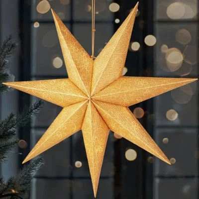 Afbeelding van BRUBAKER 3D Kerstster om op te Hangen LED Papieren Ster met Timer 60 cm Adventster Modern Patroon Werkt Batterijen en Verlicht Kerstdecoratie Lichtster voor Venster Goud