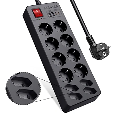 Afbeelding van Stekkerdoos met Overspanningsbeveiliging 12 Voudige,USB C Stekkerblok mit Schakelaar Stopcontacten en 2 USB A Kinderbeveiliging Wandmontage laadcontactdoos Verlengkabel 1,5m,Zwart