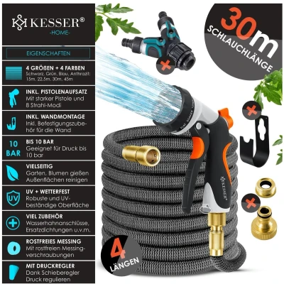 Afbeelding van KESSER® Premium flexibele tuinslang, uitgerekt, met wandhouder, waterslang 3 voudige latexkern, rekbare slang, schroefverbindingen van hoogwaardig messing