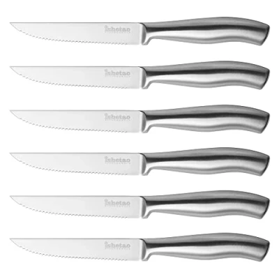 Afbeelding van isheTao steakmessen, set van 6, hoeft nooit te worden geslepen, Koolstofrijke roestvrijstalen gekartelde steakmessenset, vaatwasmachinebestendig, 23,5 cm