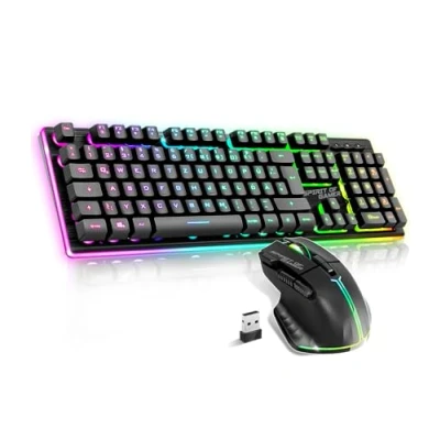 Afbeelding van SPIRIT OF GAMER Set draadloos gaming toetsenbord, zwart, oplaadbaar, RGB, QWERTZ met achtergrondverlichting, semi mechanisch gamingtoetsenbord, aluminium structuur, draadloze muis 4800 DPI PS4/PS5,
