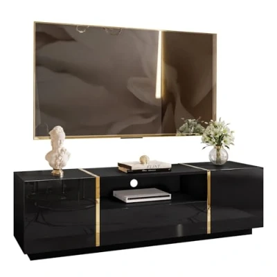 Afbeelding van lukmebel RTV Kast ONYX Hoogglans Elegant &amp; Modern Design Verborgen Planken Gemakkelijk Schoon Te Maken Schuur En Krasbestendig Gelamineerd Board 158x413x46cm Zwart