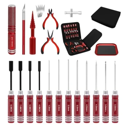 Afbeelding van 19 in 1 RC gereedschapsset, schroevendraaier gereedschap set zeskantige zeskantmoer kruisschroevendraaier sleufschroevendraaier tang reparatieset voor 1/8 1/10 Traxxas Axial Arrma Rood