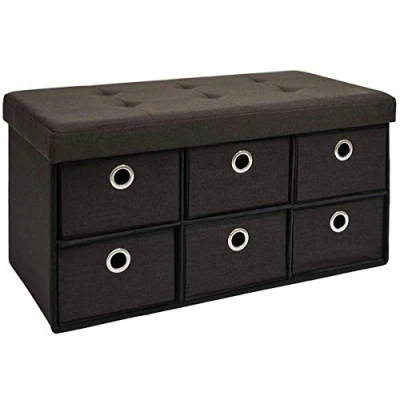 Afbeelding van DuneDesign Opvouwbare zitbank 76x38x38cm incl. 6 laden zitkist 80L gestoffeerde bank Ottoman linnen donkerbruin