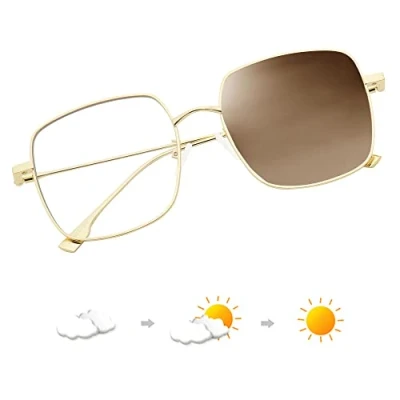 Afbeelding van JM Optische bril tegen blauw licht ontwerper mode metalen frame polygoon oogbescherming dames, Gouden / fotochroom (transparant tot bruin), Lens width: 58mm, height: 52mm, Arm length: 138mm