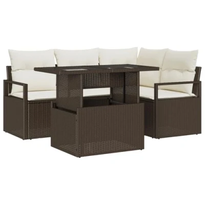 Afbeelding van vidaXL 5 delige Tuin Sofa Set met Kussens Bruin Poly Rattan, 2 zit Rattan