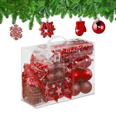 Afbeelding van Relaxdays kerstballen kerstboomballen kerstbooomversiering set van 100 onbreekbaar rood