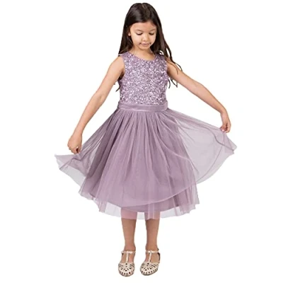 Afbeelding van Maya Deluxe Midi jurk voor meisjes, pailletten, feestjurk, tutu, bruidsmeisjes, bruiloft, met ceintuur, Moody Lila, 9 10 jaar