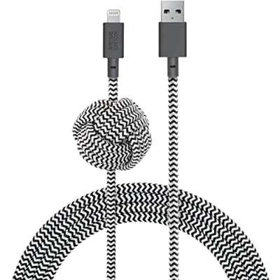 Afbeelding van Native Union NIGHT Kabel 3m Ultra sterke versterkte [MFi gecertificeerd] Lightning naar USB A hoge snelheid oplaadkabel met Gewogen Knoop compatibel iPhone/iPad (Zebra)