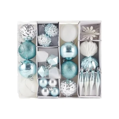 Afbeelding van HEITMANN DECO Set van 29 kerstballen, assortiment, kerstversiering, turkoois, zilverwit, om op te hangen, kunststof, kerstboomversiering, turquoise, wit, zilver