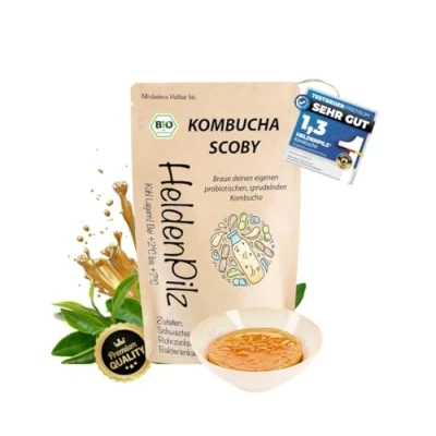 Afbeelding van HeldenPilz® Organic Kombucha Scoby Groeisterk theepilt, Skoby + aanzetvloeistof geschenk, productie tot 6 liter, 100% natuurlijke ingrediënten, biologisch duurzaam en plasticvrij verpakt