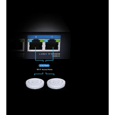 Afbeelding van D Link DMS 107 7 Port Multi Gigabit Unmanaged Switch met twee 2.5G en vijf Ports, Fanless, Low Profile, Compact, Metalen behuizing, QoS, Plug &amp; Play