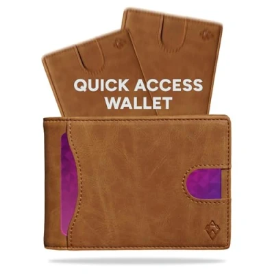 Afbeelding van AKIELO RFID Blokkerende Bifold Kaart Portemonnee met Trek Tab en Geschenkdoos Stijlvolle Heren Creditcardhouder Portemonnees voor (DELTA Tan Editie)