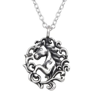 Afbeelding van JoyS Zilveren paard hanger inclusief ketting paardje geoxideerd sierlijk bewerkt sterling zilver 925 45 cm