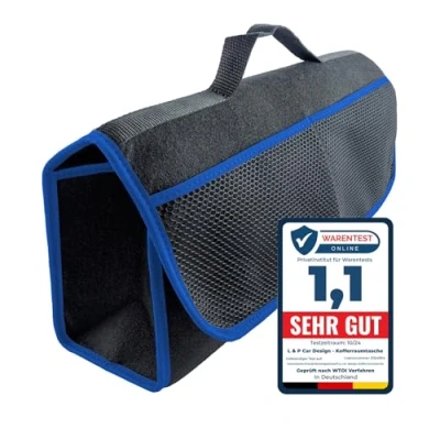 Afbeelding van L &amp; P Car Design Kofferbaktas, organizer, autotas, kofferbak, auto tas, gereedschapstas, opbergtas met klittenbandsluiting (zwart blauw)
