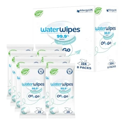 Afbeelding van WaterWipes Doekjes voor Onderweg, 224 (8 Pakjes), 99% op Water Gebaseerd, Hydraterende Doekjes, Ideaal Reis, Ontworpen Gezicht &amp; Lichaam