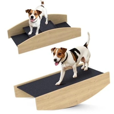 Afbeelding van PawHut 2 in 1 hondenwip, behendigheidstoeltje van hout, voor kleine, middelgrote honden onder 15 kg, balans, zelfvertrouwen, 80 x 39,5 20 cm, natuurlijk hout