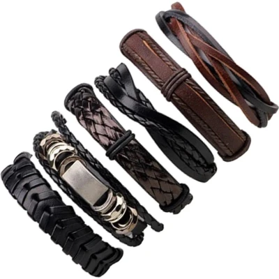 Afbeelding van Fako Bijoux® Leren Armband Leder Set Deluxe 6 Stuks Zwart/Bruin