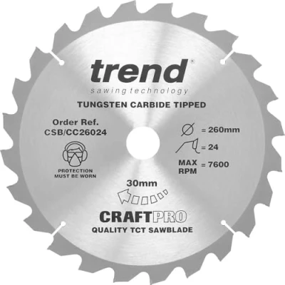 Afbeelding van Trend Houten verstekzaagblad, 260mm diameter, 30mm boring, 24 tanden, TCT, 2,6 mm kerf, 5 haak, CSB/CC26024