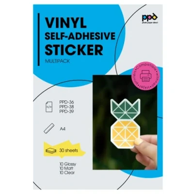 Afbeelding van PPD gemengt pakket met A4 x 30 vel Inkjet PREMIUM Stickerfolie Zelfklevend 10xA4 Wit Glanzend PLUS Mat Transparant Multipack PPD036/38/39 10
