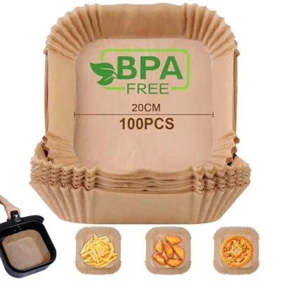 Afbeelding van AiQInu Vierkant luchtfriteusepapier, 100 stuks, 20 24 cm, BPA vrij, wegwerp perkamentpapier, anti aanbaklaag, voor airfryers en magnetron van 4,5 6 l, stuks