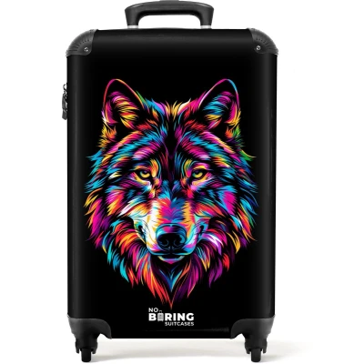 Afbeelding van NoBoringSuitcases.com® Kinderkoffer Kindertrolley Wolf Neon Handbagage koffer lichtgewicht Reiskoffer trolley Rolkoffer met wieltjes Past binnen 55x40x20 en 55x35x28