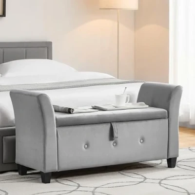 Afbeelding van Vida Designs Sevilla Opbergpoef, stoffen kist met deksel, zitting, kruk, vensterbank, borst, speelgoedopbergdoos, poef, voetenbank, lichtgrijs fluweel
