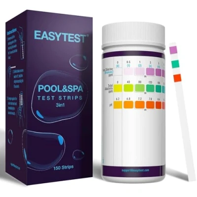 Afbeelding van EASYTEST Hot Tub teststrips, 150 strips zwembad en spa test voor pH, totale alkaliniteit, vrij chloor broom, nauwkeurige 3 in 1 zwembadwatertestkit