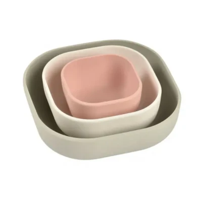 Afbeelding van BÉABA, Set van 3 siliconen kommen voor baby&#039;s, serviesset, siliconen, kinderen, stapelbaar, uitbreidbaar, ergonomisch, gezonde duurzaam (Velvet Grey/Cotton/Dusty Pink)