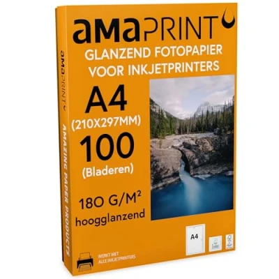 Afbeelding van Amaprint 100 vellen fotopapier A4 glanzend 180g/m² voor inkjetprinter hoogglanzend watervast