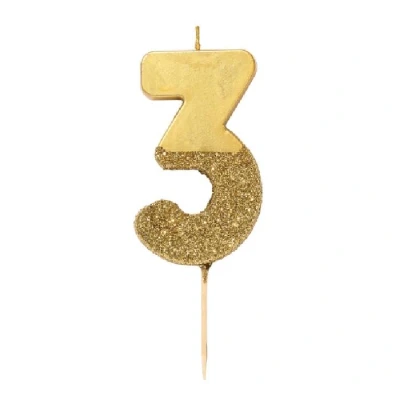 Afbeelding van Talking Tables Gouden glitter nummer 3 verjaardagskaars Taarttopper decoratie Mooi, sprankelend voor kinderen, volwassenen, 30e verjaardagsfeestje, hoogte 8cm, 3&quot;, goud/glitter