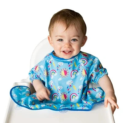 Afbeelding van Tidy Tot slabbetje voor het spenen van overhemden en vangen, bevestiging aan de kinderstoel zonder gaten. Waterdicht met korte mouwen., Sunny Rainbows, One size